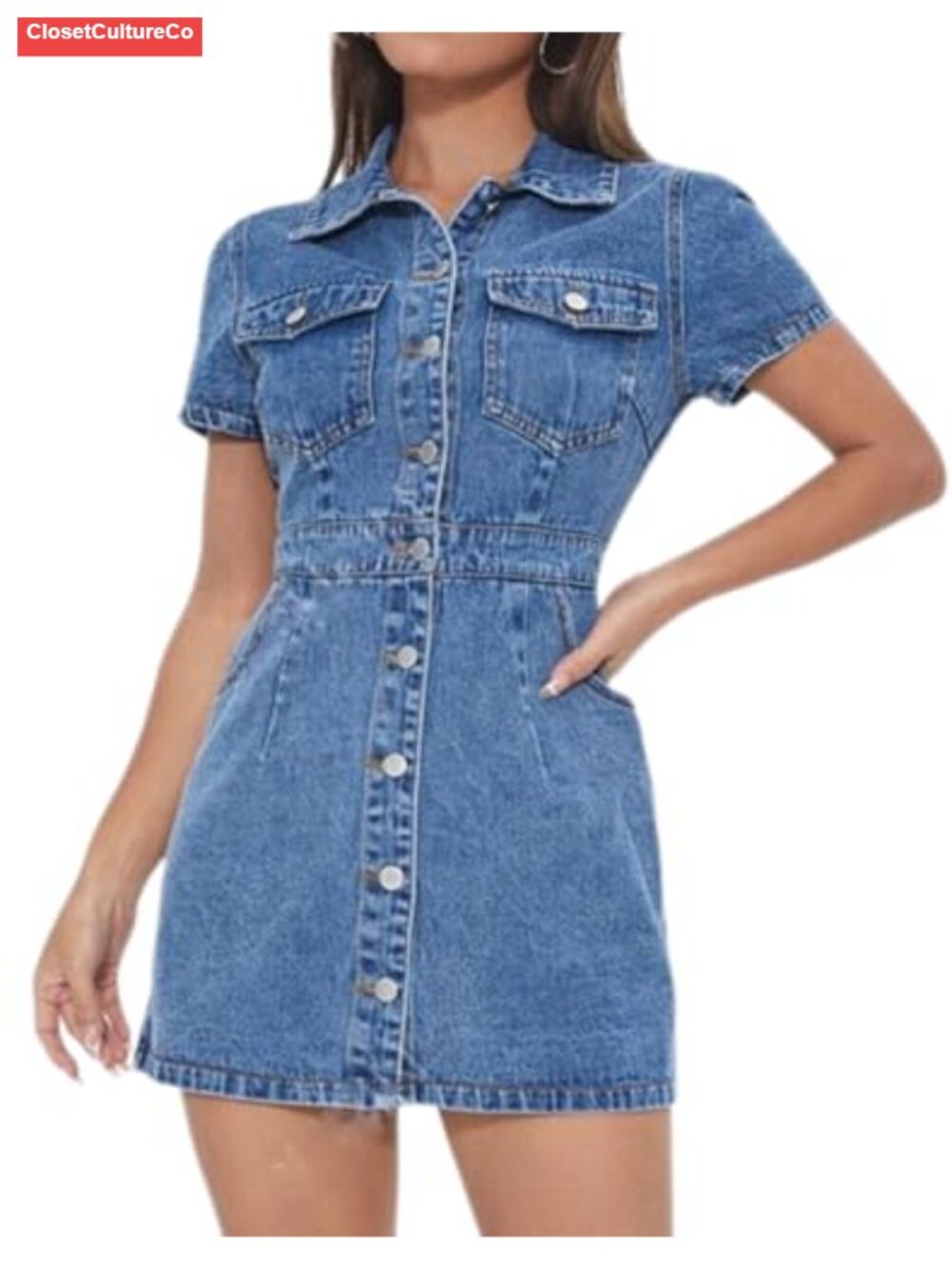 Denim Babydoll Dress Short Sleeve Button Down High Low Hem - Picture 1 of 4